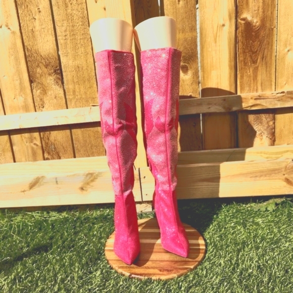 Hot Pink & Silver Rhinestone Flame Detail Sexy OTK Thigh Boots - Picture 4 of 13